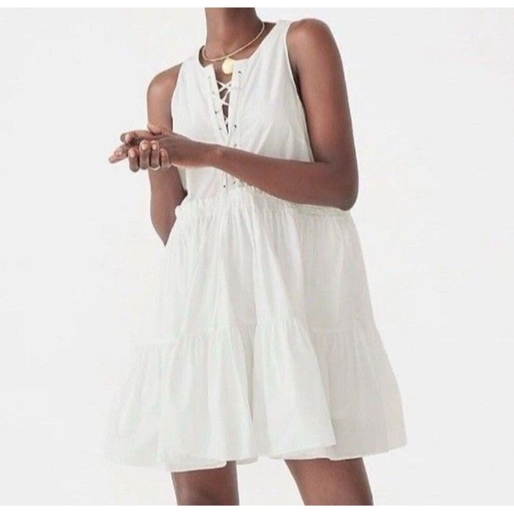 J Crew Womens Plus White Tiered Lace Up Dress Size XXL Classic Beach Romantic
